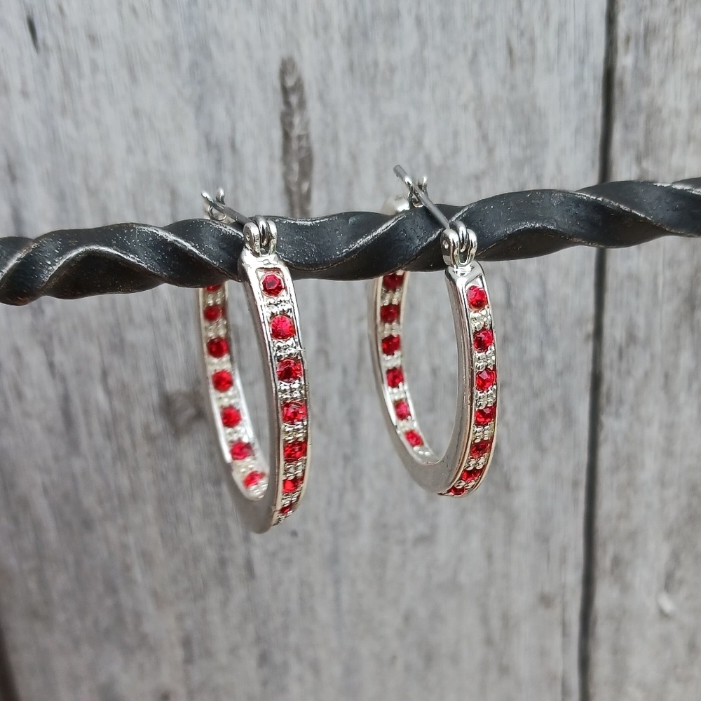 Modern Oval Silver Tone Red Rhinestone Hoop Earrings Costume Jewelry